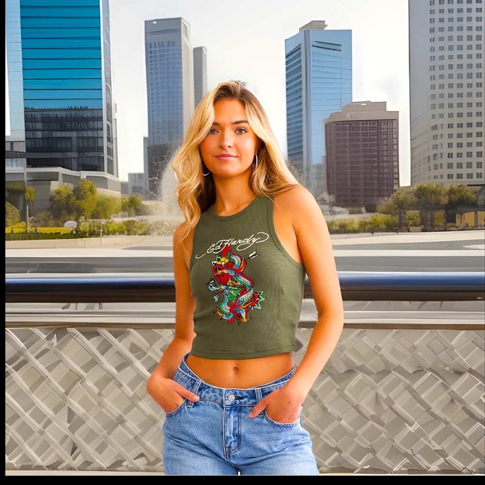 ED HARDY Dragon Heart Fitted Rib Knit Cropped Tank Top Olive DON ED HARDY DESIGN